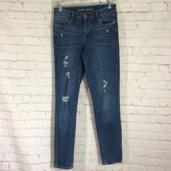 Old Navy Rockstar Distressed Mid-Rise Medium Wash Blue Denim Jeans - Size 6 - Picture 1 of 9
